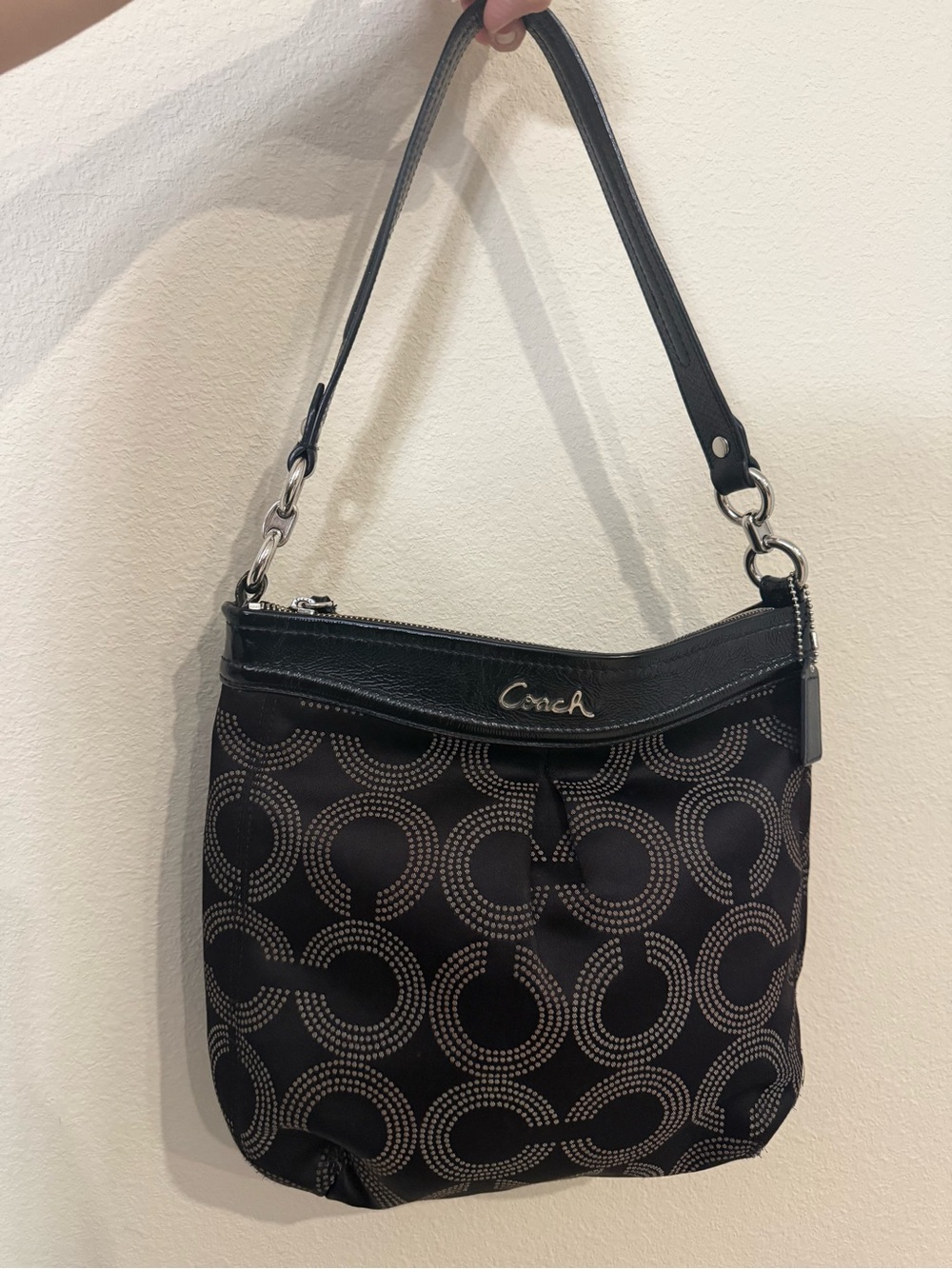 Coach Black Signature 'C' Pattern Shoulder Bag with Silver-Tone Hardware